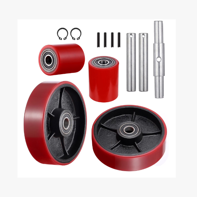Wear resistant wheel axle for polyurethane wheels of manual pallet trucks