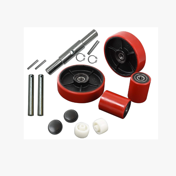 Wear resistant wheel axle for polyurethane wheels of manual pallet trucks